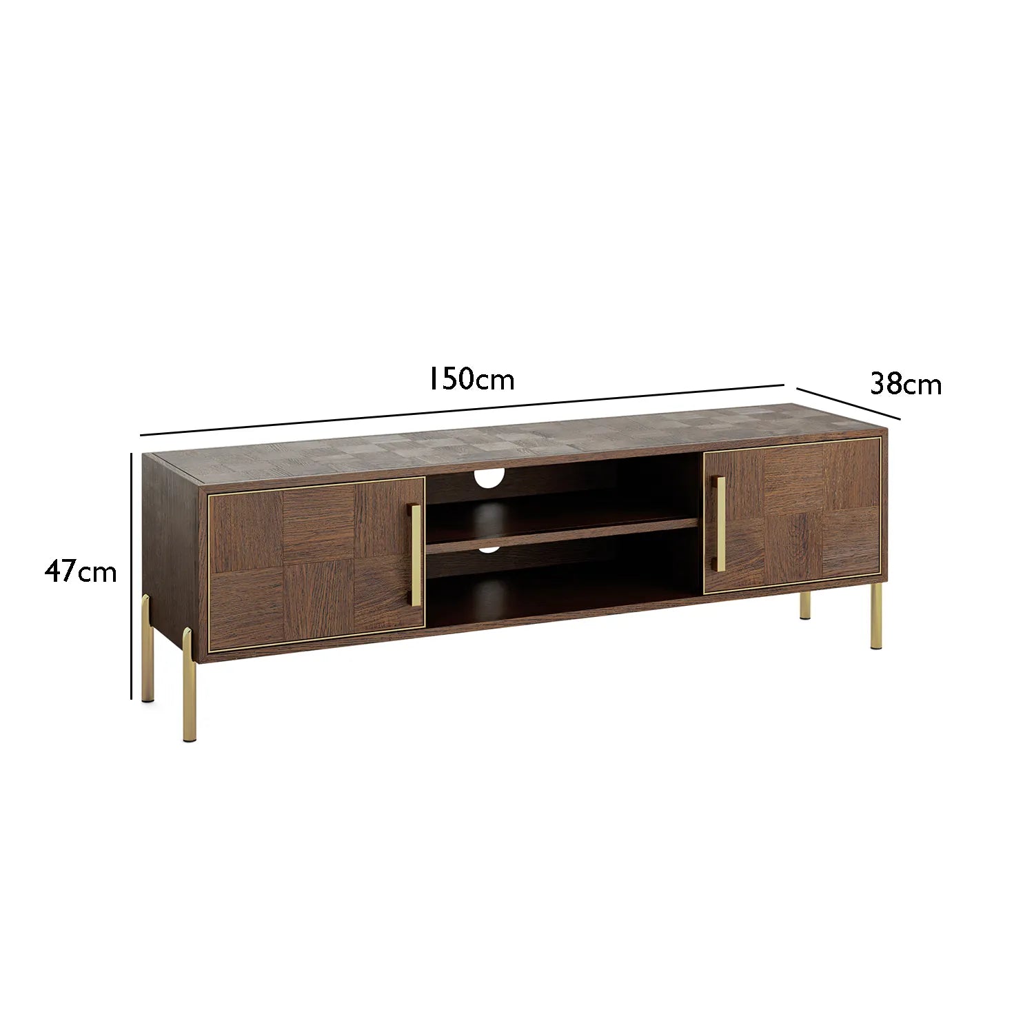 Hemingway Mahogany Oak and Gold Large TV Unit, also available in a small TV Unit - Dimensions