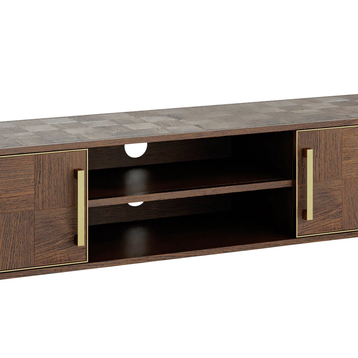 Hemingway Mahogany Oak and Gold Large TV Unit, also available in a small TV Unit - Close Up of Centre Shelving