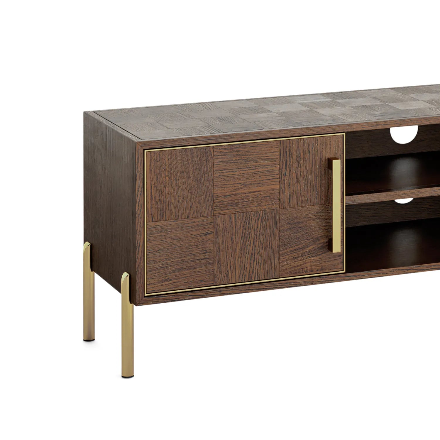 Hemingway Mahogany Oak and Gold Large TV Unit, also available in a small TV Unit - Close Up of Gold Detail