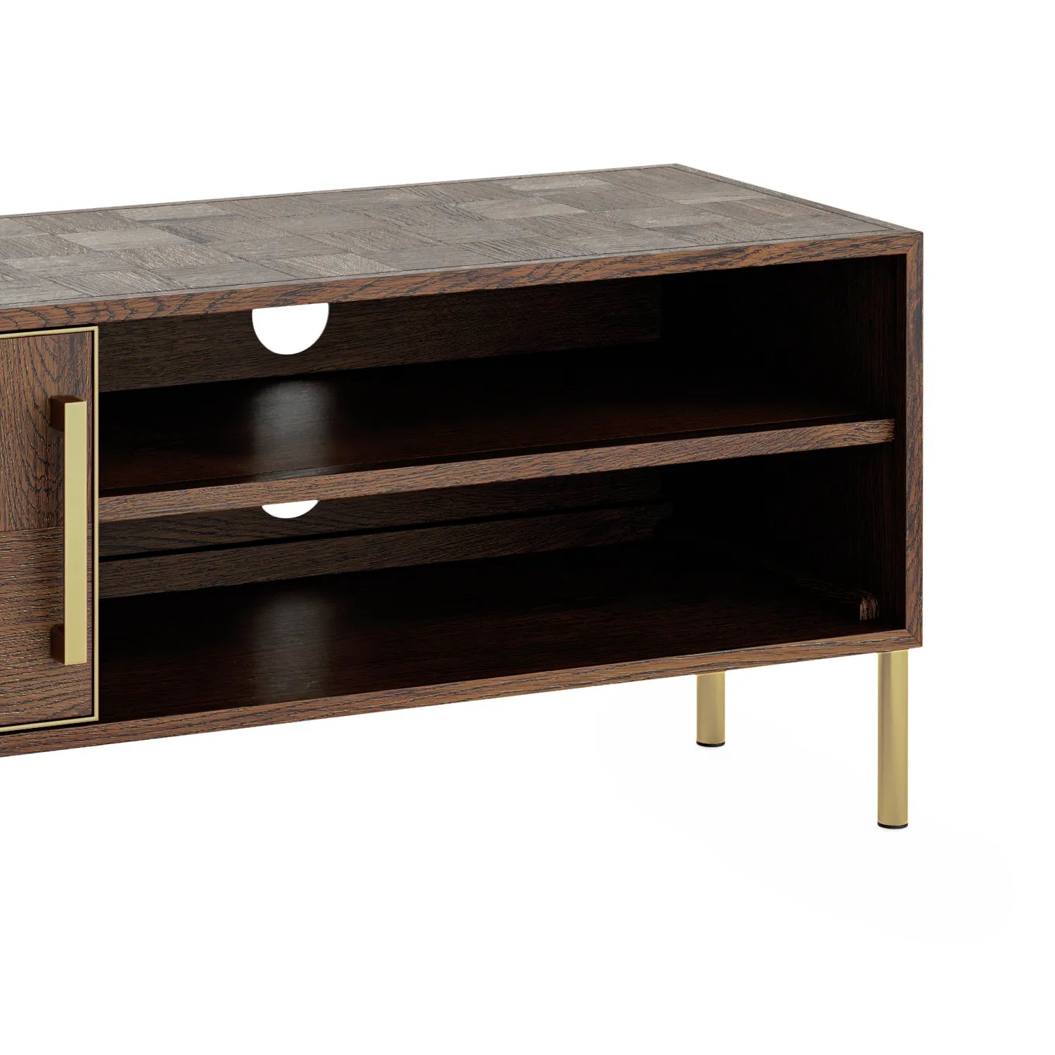 Hemingway Mahogany Oak and Gold Small TV Unit also available in large - Close Up of Shelving 