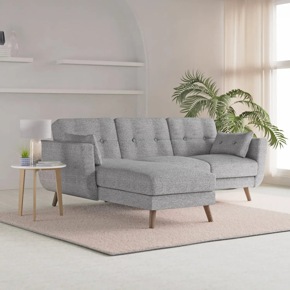 Hestia Grey Soft Touch Fabric LHF Corner Sofa Bed in stylish corner design with wooden legs. - Lifestyle Image