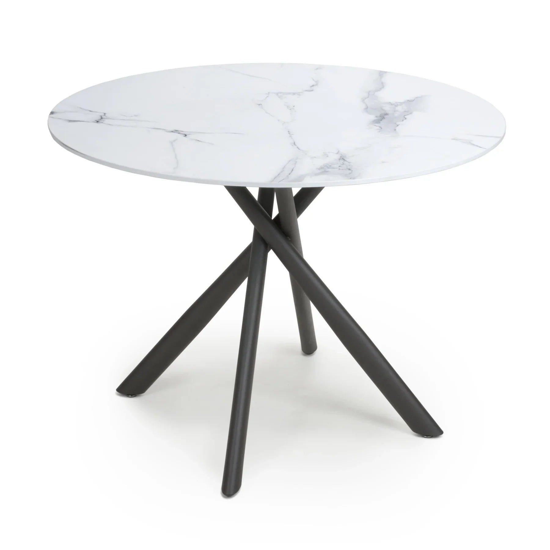 White Marble Effect Round Dining Table with 4 Yellow Brushed Velvet Chairs. Table also available in Granite effect and Chairs also available in Grey-Marble Table image