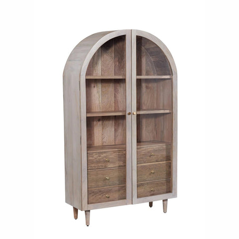 Iconic Designer Whitewash Wooden 2 Door Glass Cabinet, also available in Black - Angled View 