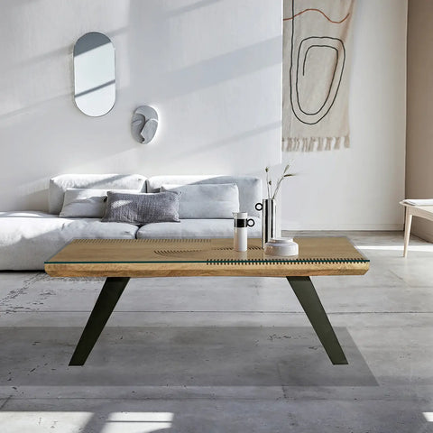 Iconic Designer Light Oak Coffee Table With Black Metal U Shape Legs - Lifestyle Image