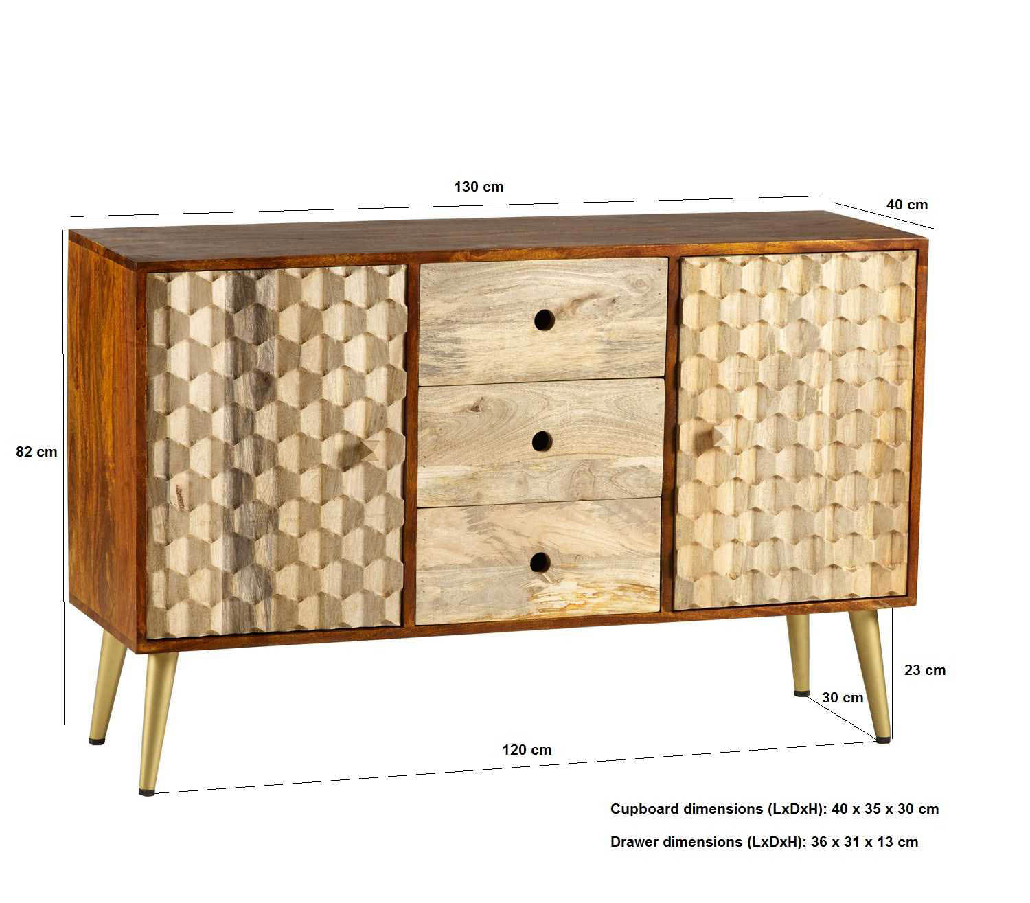 Igna 2 Doors 3 Drawers Sideboard - Dimensions 