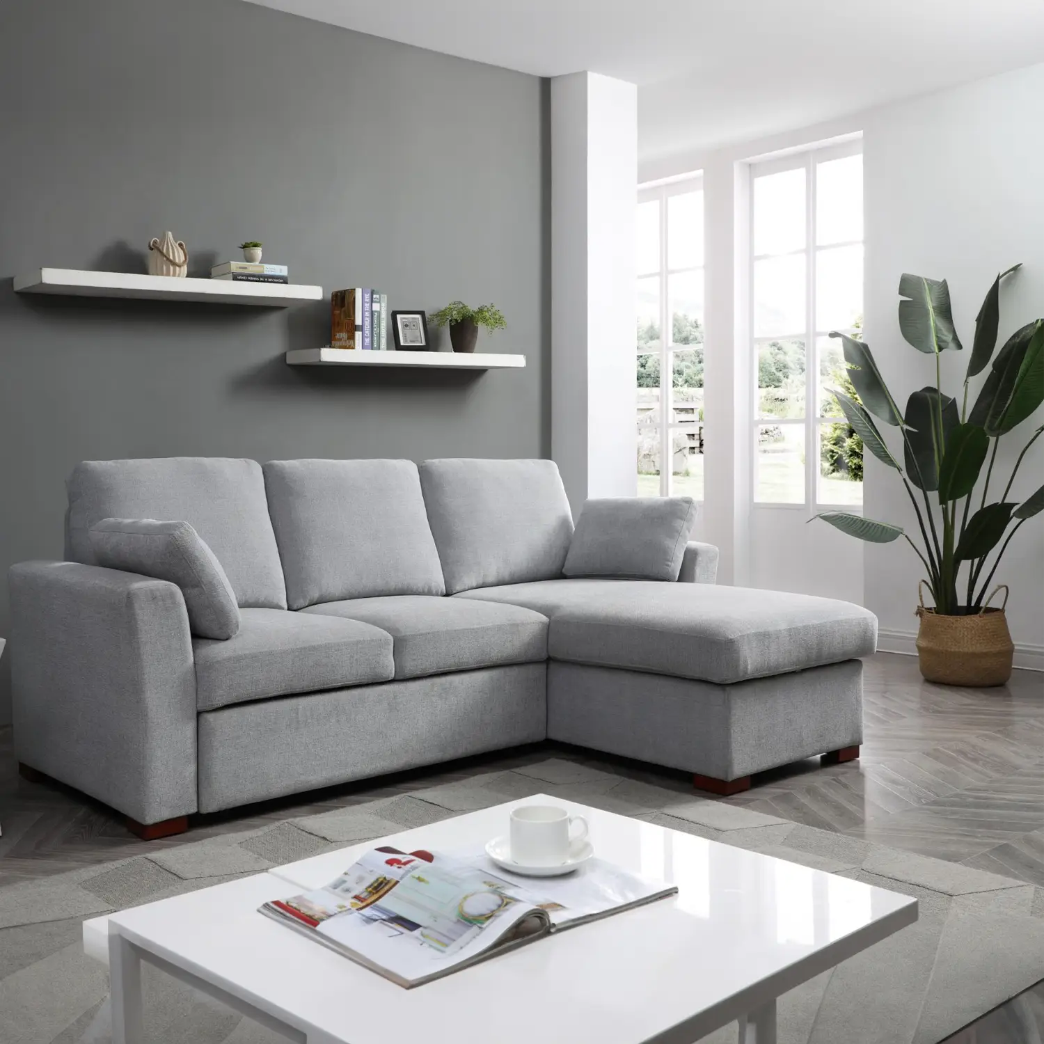 SereneDream Soft Touch Light Grey Fabric Corner Sofa Bed