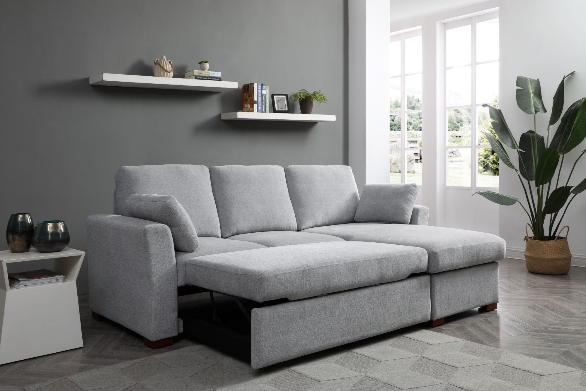 SereneDream Soft Touch Light Grey Fabric Corner Sofa Bed