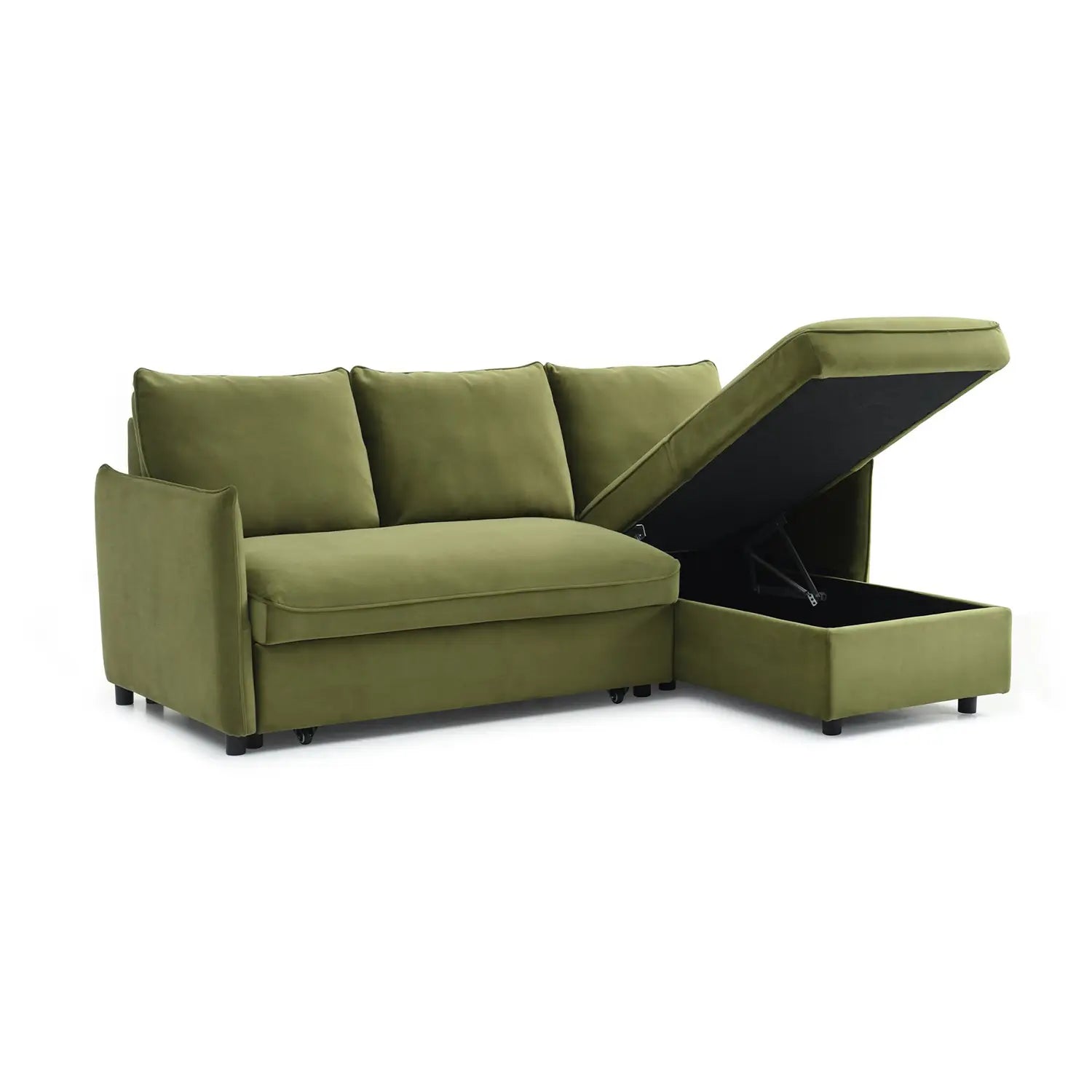 Claire Chaise-Style Corner Sofa Bed in Olive Green - Luxurious Velvet Fabric - 001