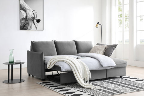 Claire Chaise-Style Corner Sofa Bed in Charcoal Grey - Elegant Velvet Upholstery - 003