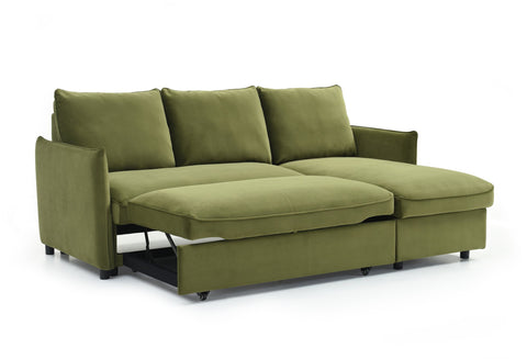 Claire Chaise-Style Corner Sofa Bed in Olive Green - Luxurious Velvet Fabric - 004