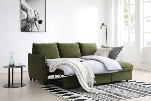 Claire Chaise-Style Corner Sofa Bed in Olive Green - Luxurious Velvet Fabric - 002