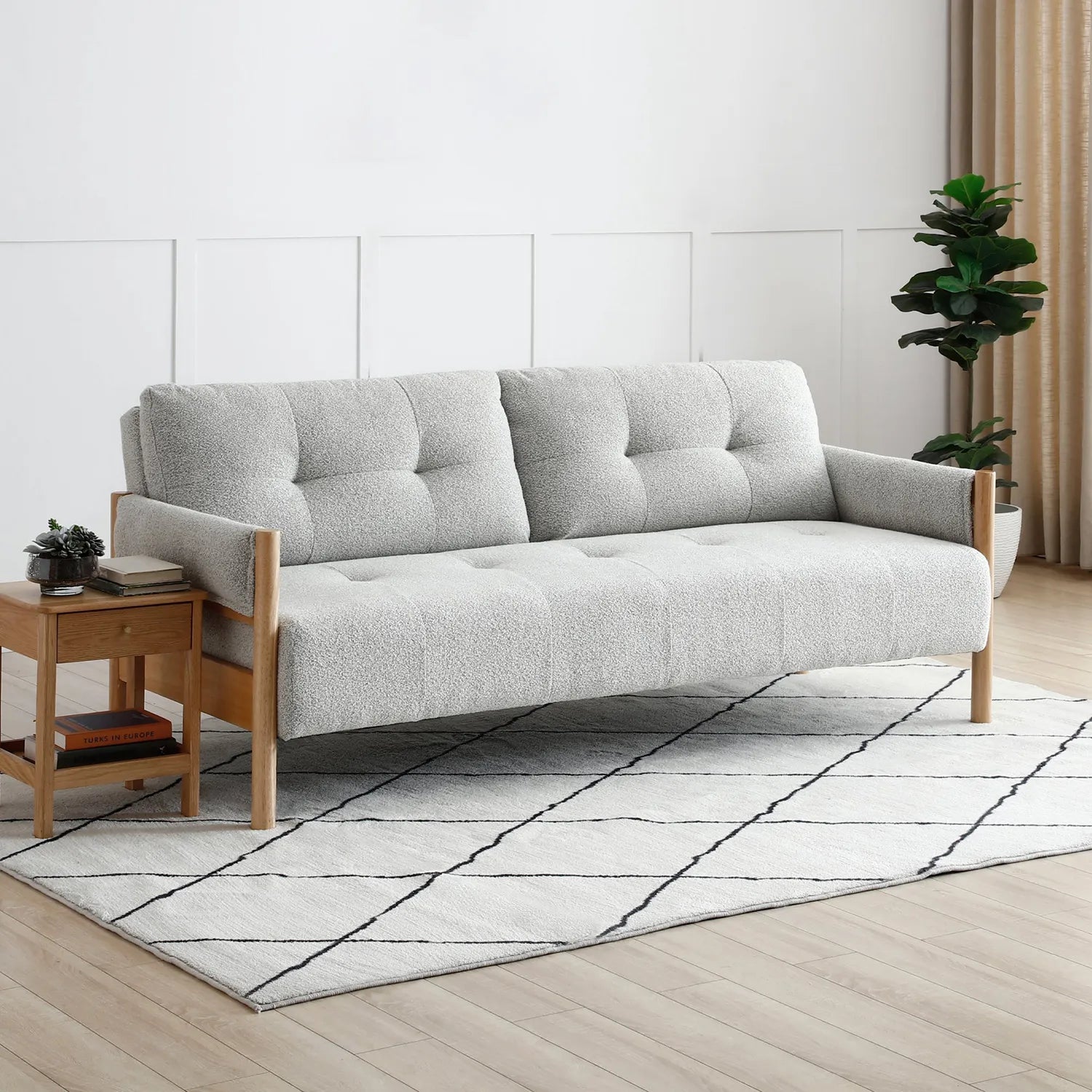 Kim Grey Fabric Sofa Bed with Wooden Arms