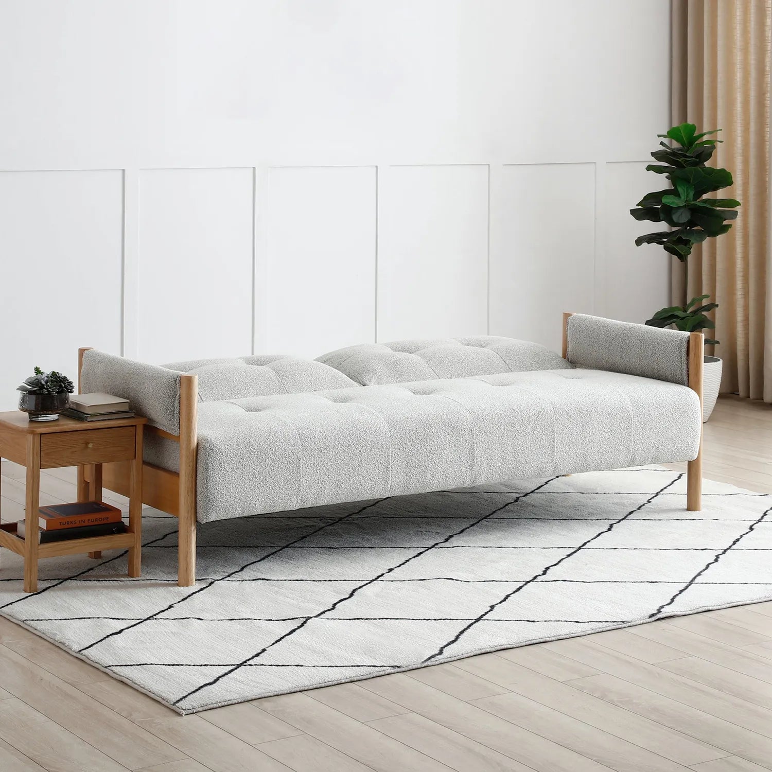 Kim Grey Fabric Sofa Bed with Wooden Arms