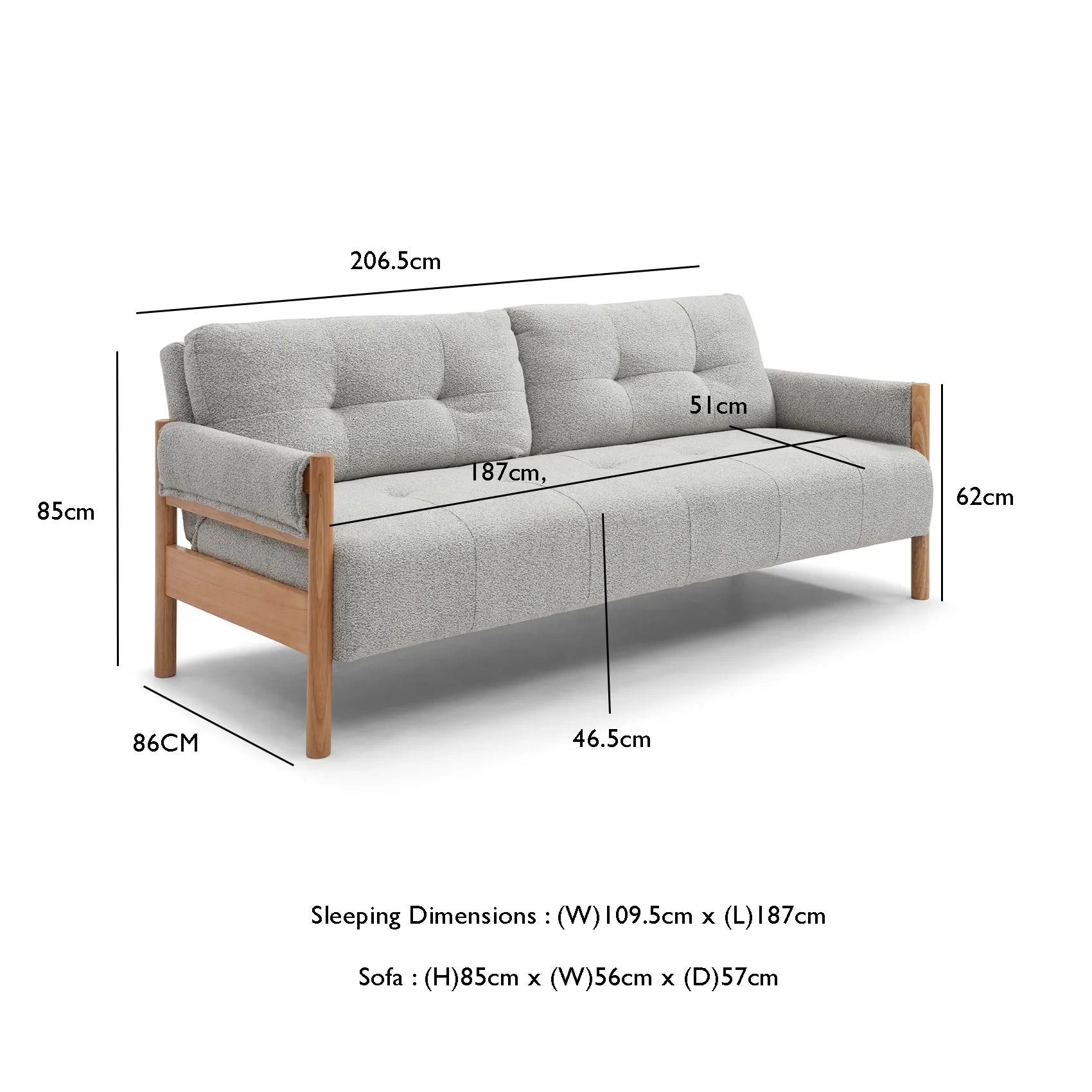 Kim Grey Fabric Sofa Bed with Wooden Arms