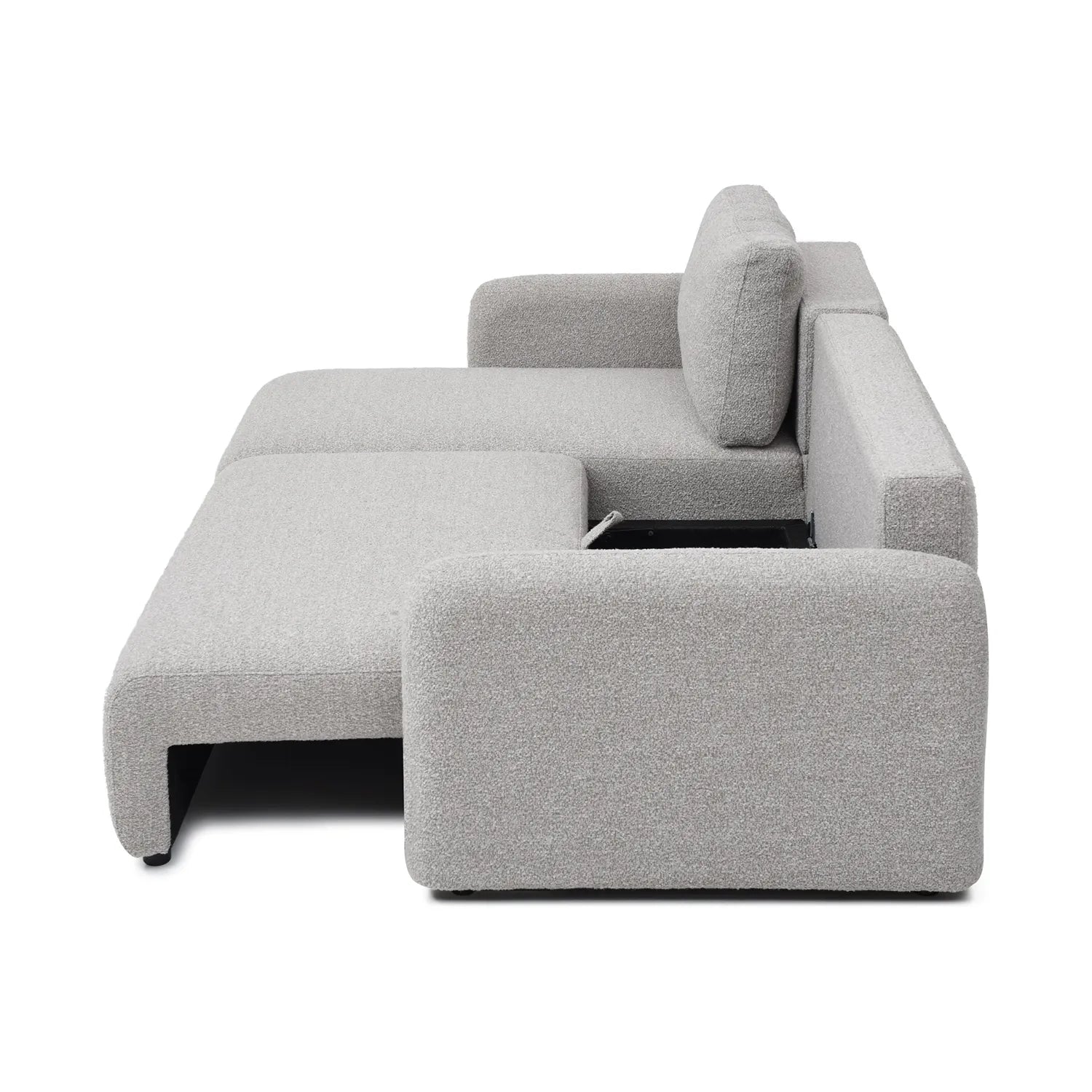 Bloom Natural Boucle Fabric Corner Sofa Bed - Side View of Sofabed Turning into Bed