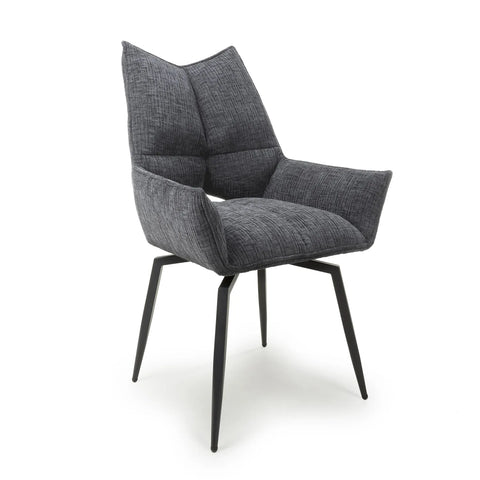 Kara Grey Textured Fabric Swivel Dining Chairs with Black Legs