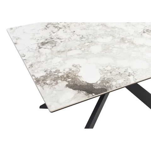 Kos Dining Table, 130cm 4 Seater table, White Ceramic Top in Marble High Gloss Finish, Black Metal Base - Top View