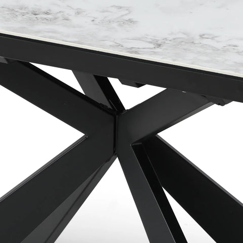 Kos Dining Table, 130cm 4 Seater table, White Ceramic Top in Marble High Gloss Finish, Black Metal Base - Base Detail