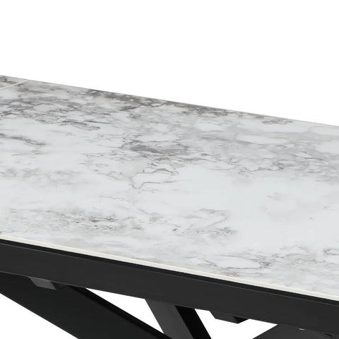 Kos Dining Table, 130cm 4 Seater table, White Ceramic Top in Marble High Gloss Finish, Black Metal Base - Top Detailing