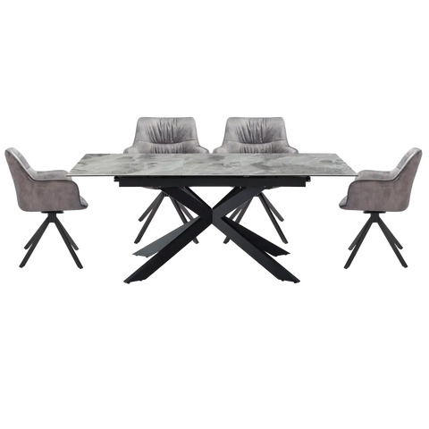 Kos Light Grey Ceramic Extendable Table with Marvel Silver Grey Chairs Dining Set - Table Extended with Chairs