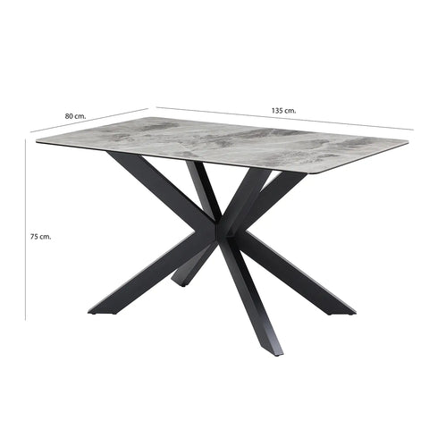 Creed 135cm Light Grey Ceramic Top Dining Table with Spider Metal Black Legs - Dimensions 