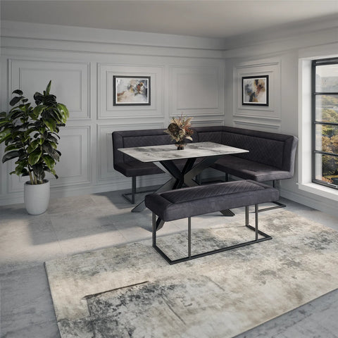 Creed 135cm Light Grey Ceramic Table with Right Hand Facing Corner Bench Dining Set - Lifestyle Image 