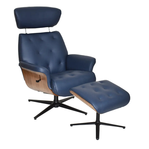 Kristof Leather Look Swivel Recliner Chair and Footstool - Navy Blue Colour