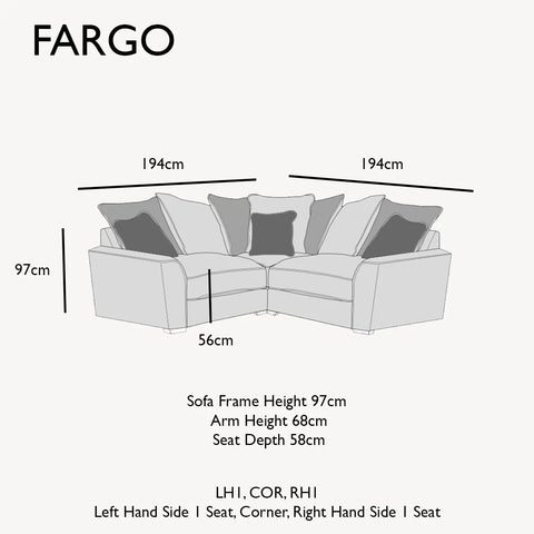 Fargo Grey and Blue Corner Chaise Sofa Group, available in a variety of fabrics and colours - LH1,COR,RH1 Dimensions 