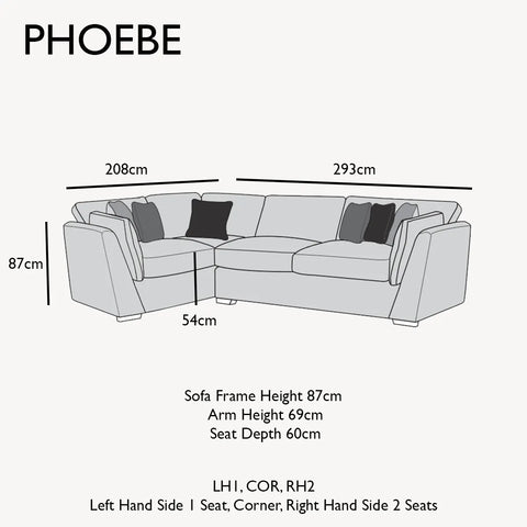 Phoebe Fabric Pillow Back Corner Chaise Sofa - LH1, COR RH2 Dimensions 