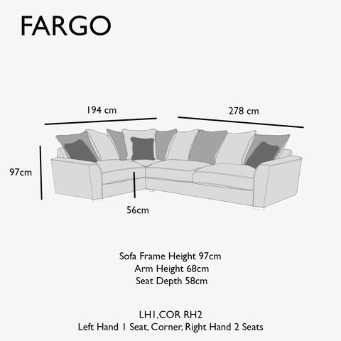 Fargo 2C1 Silver Corner Sofa. Made to Order Sofa available in a variety of fabrics and sizes - LH1,COR,RH2 Dimensions 