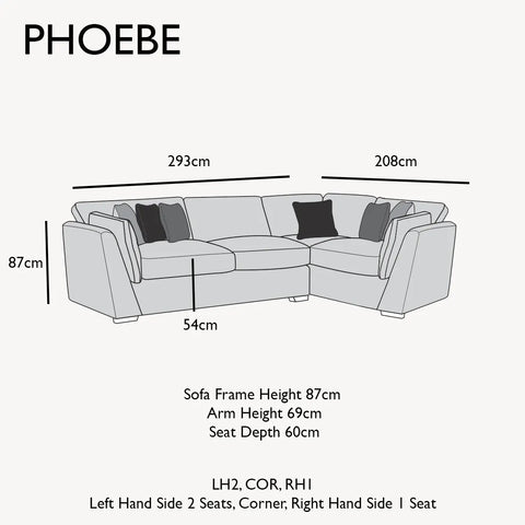 Phoebe Fabric Pillow Back Corner Chaise Sofa - LH2, COR,RH1 Dimensions 