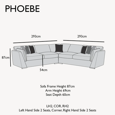 Phoebe Fabric Pillow Back Corner Chaise Sofa - LH2, COR, RH2 Dimensions 