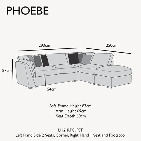 Phoebe Fabric Pillow Back Corner Chaise Sofa - LH2, RFC, FST Dimensions  