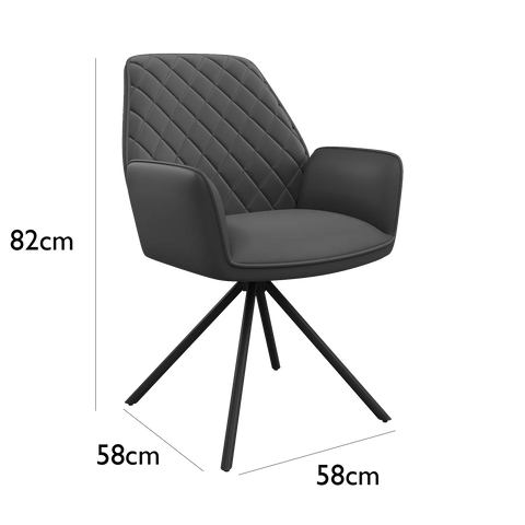 Lina Grey Leather Swivel Set of 4 Dining Chairs, Grey Metal Spider style Legs, 180 degree Swivel - Dimensions 