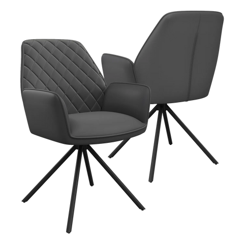 Lina Grey Leather Swivel Set of 4 Dining Chairs, Grey Metal Spider style Legs, 180 degree Swivel