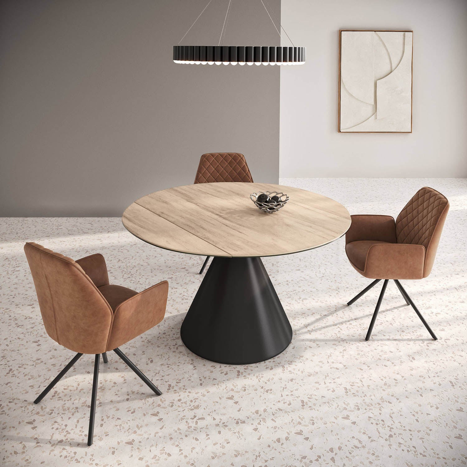 Alessio Oak Effect Ceramic Extending Round Dining Table with 4 Lina Chairs