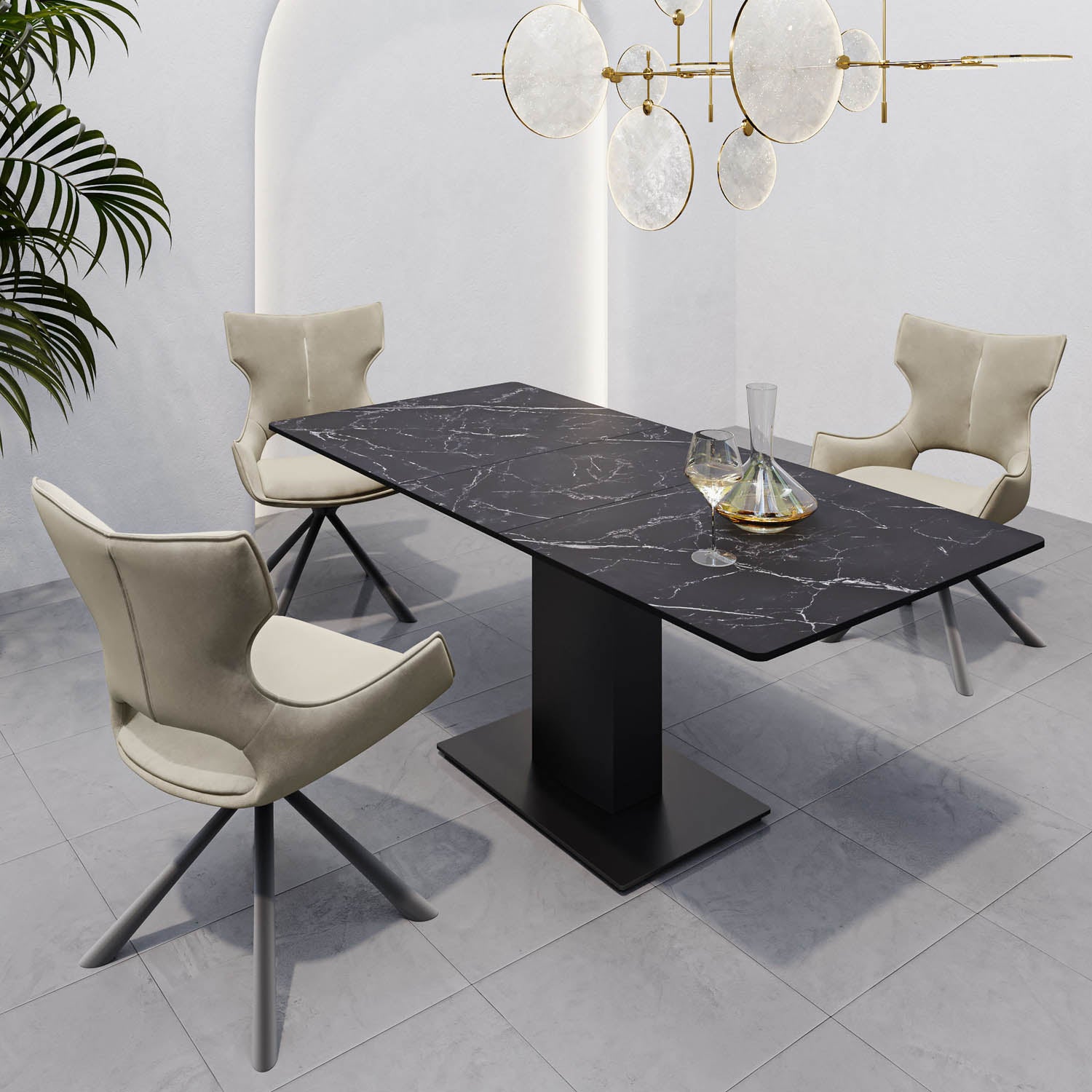 Pavoni 140-180cm Matte Black Ceramic Auto-Rise Extending Dining Table with 4 Chairs