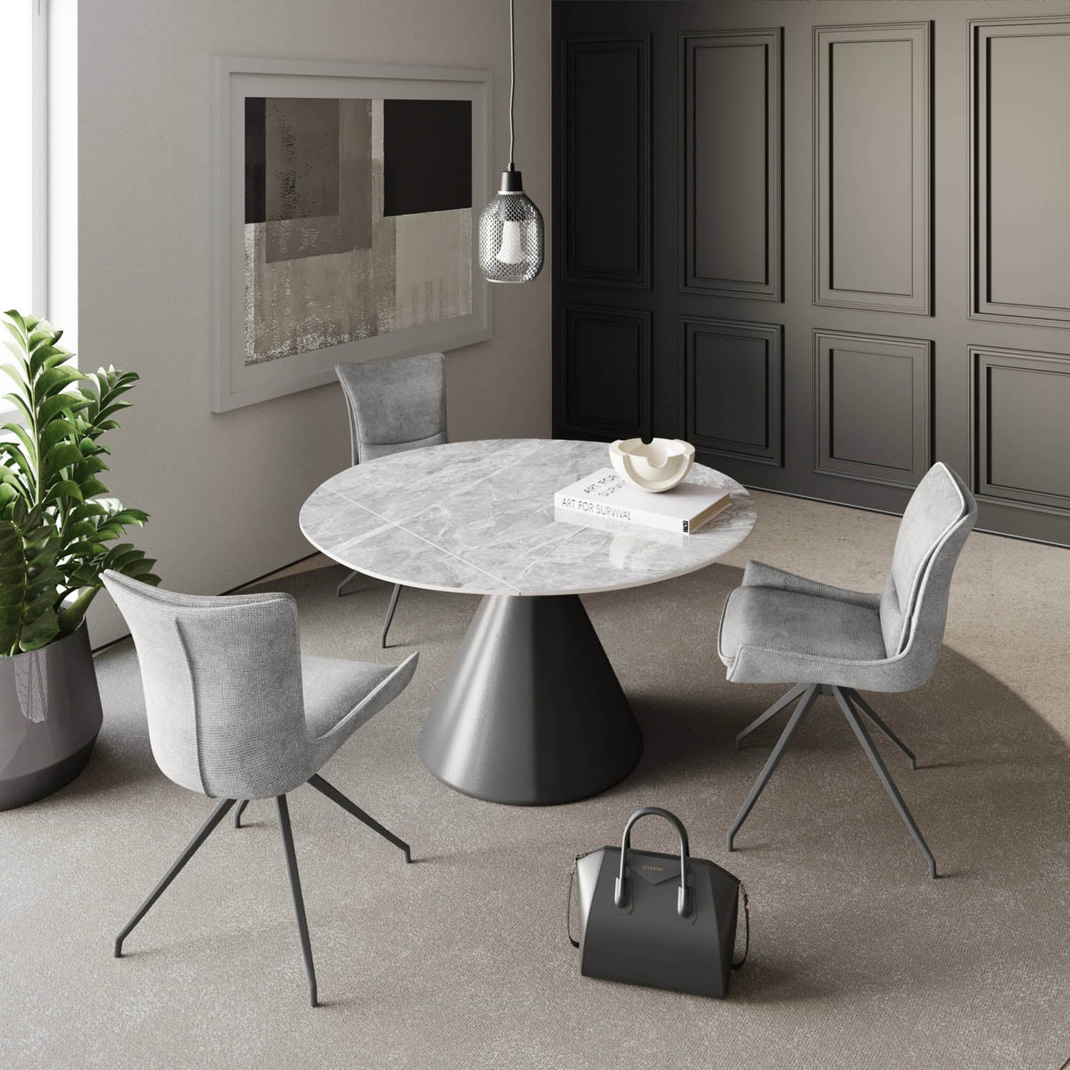 Alessio Light Grey Ceramic Ext Round Dining Table with 4 Amber Chairs