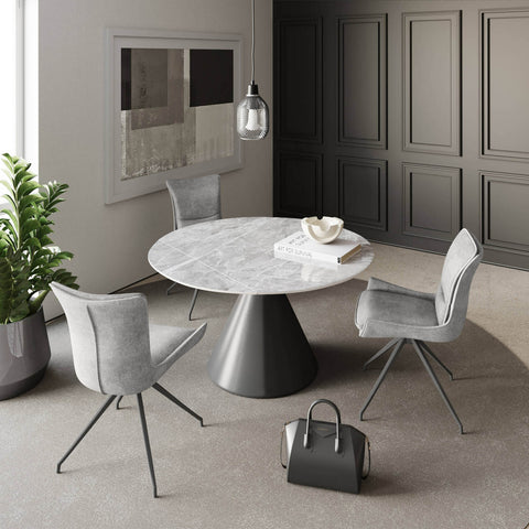 Alonso Light Grey Ceramic Ext Round Dining Table with 4 Amber Chairs, Swivel Extending Dining Table and Swivel Grey Fabric Dining Chairs