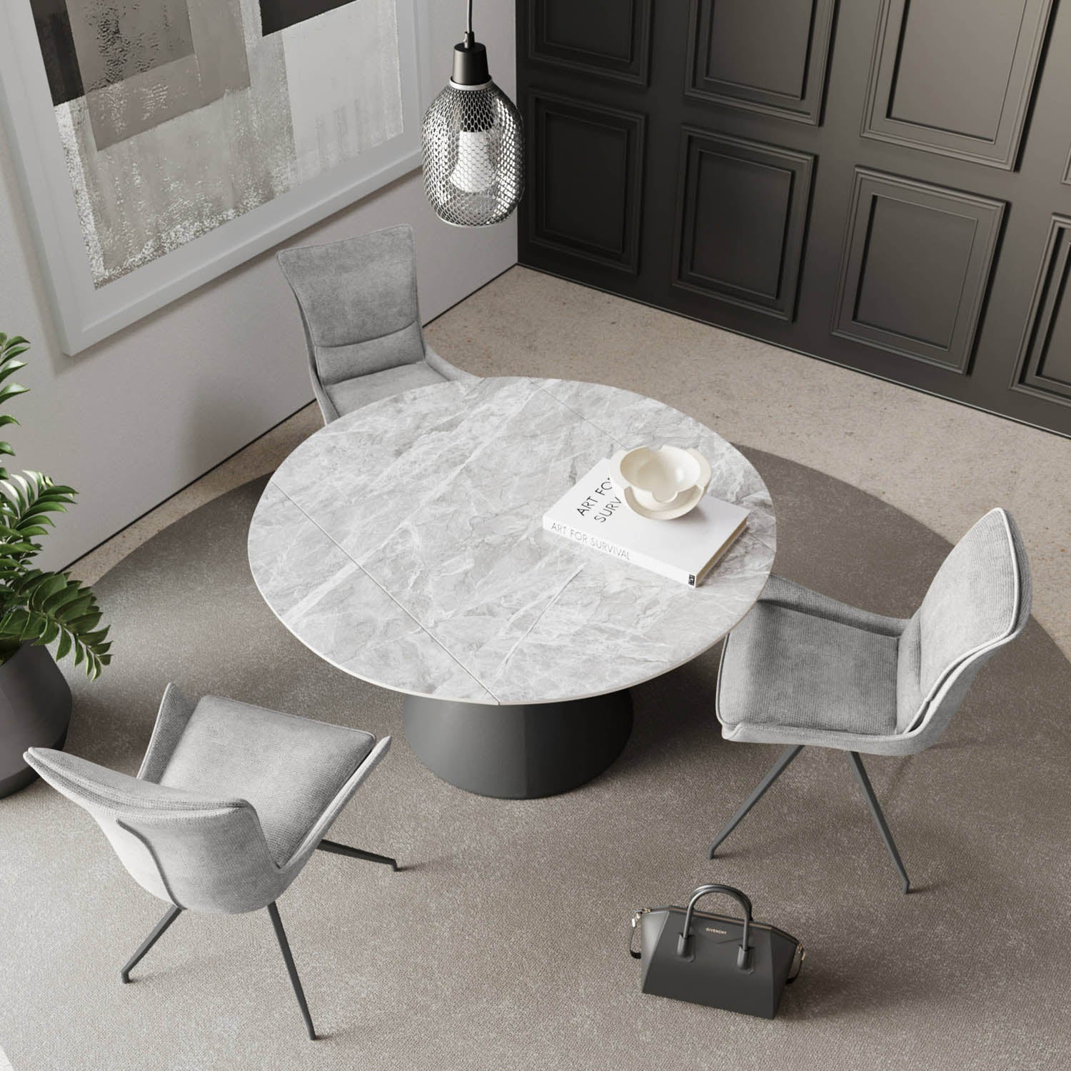 Alessio Light Grey Ceramic Ext Round Dining Table with 4 Amber Chairs