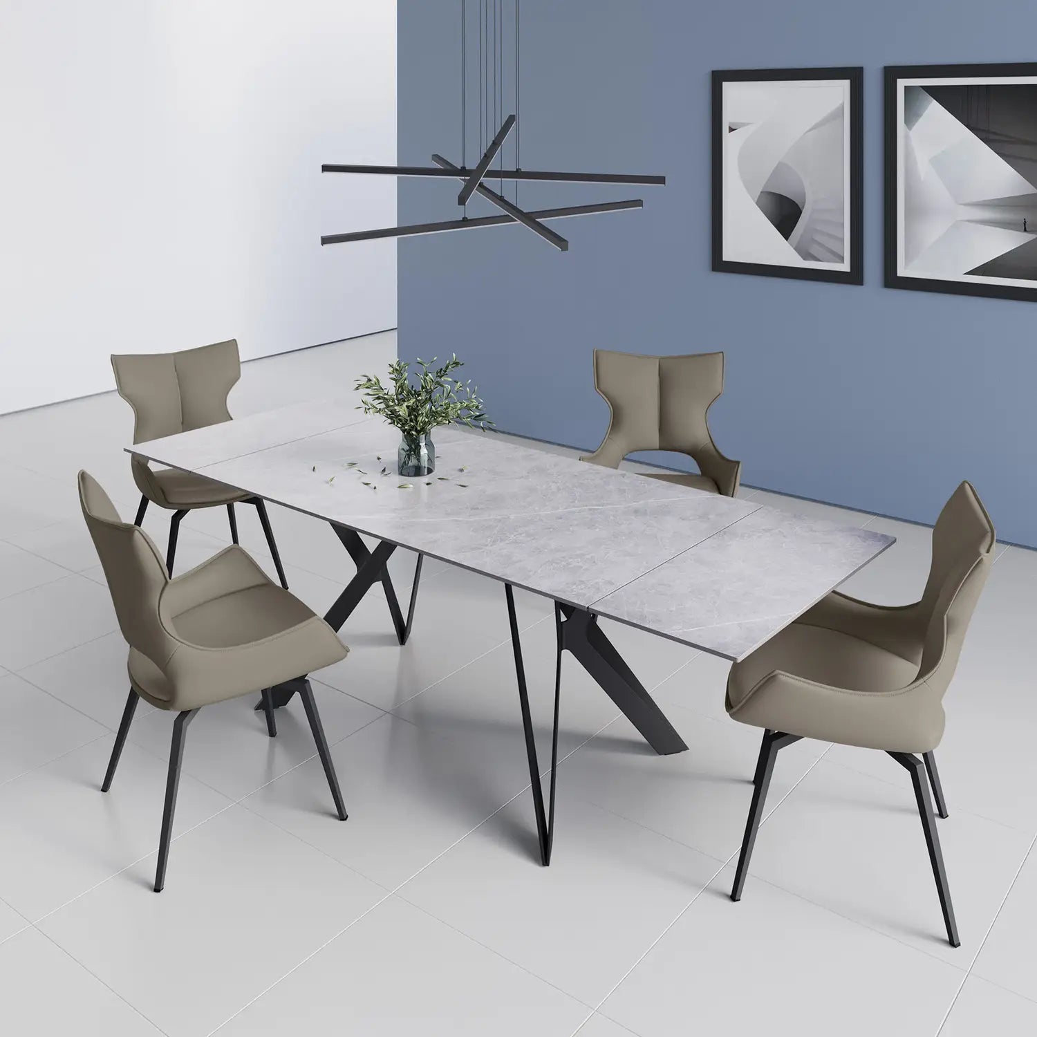 Murano Grey Ceramic Extending Dining Table with Rafaello Leather Swivel Dining Chairs