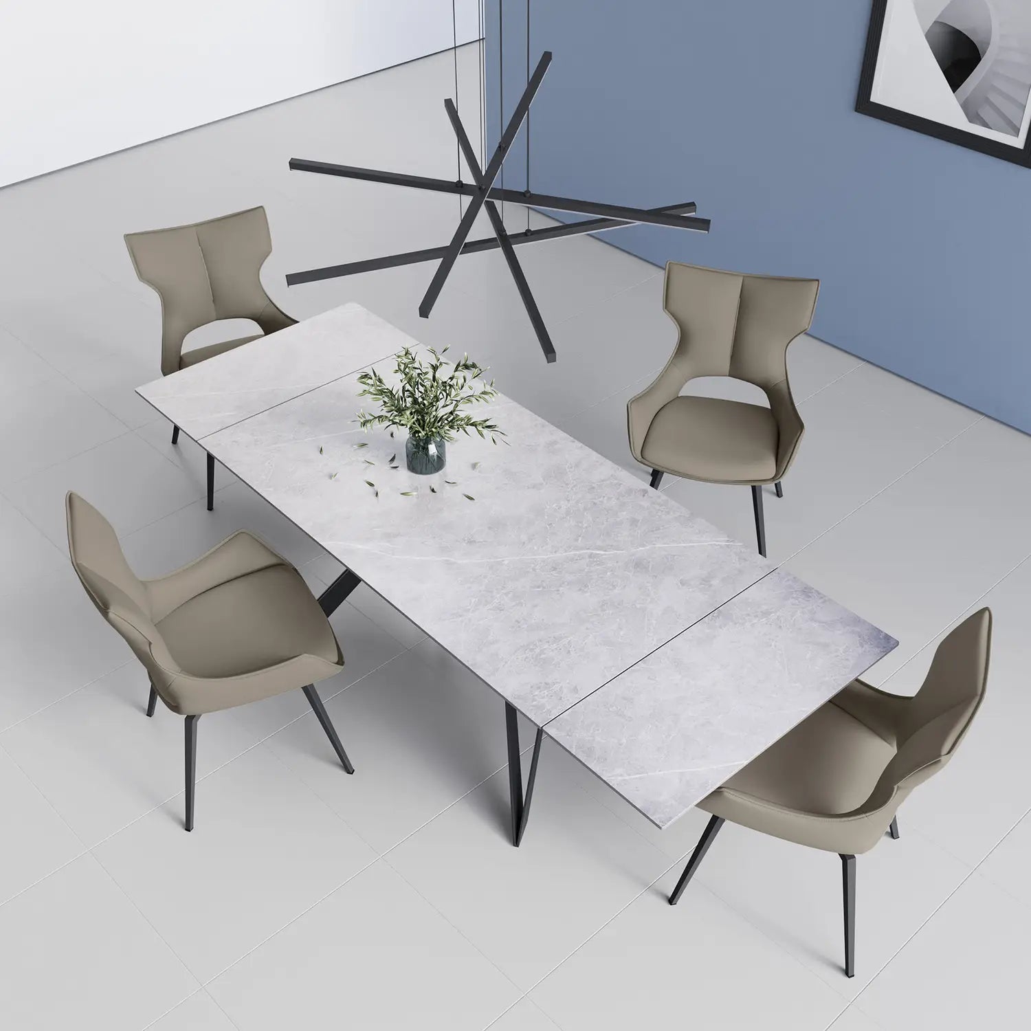 Murano Grey Ceramic Extending Dining Table with Rafaello Leather Swivel Dining Chairs