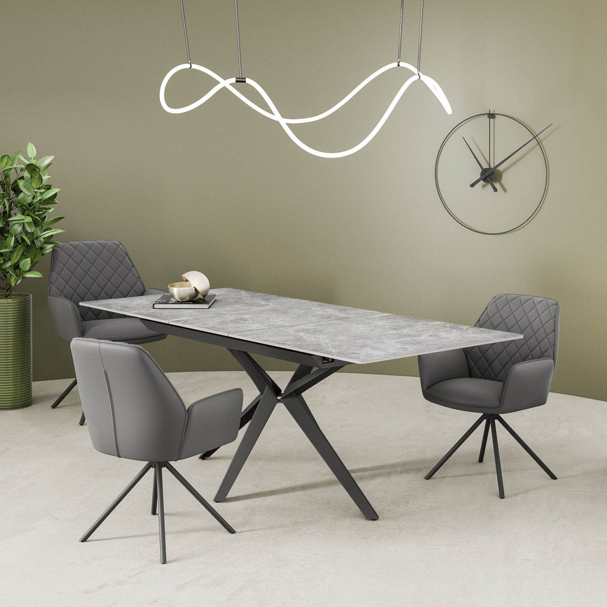 Lina 160-200cm Grey Gloss Ceramic Extending Dining Table with Grey Chairs - Lifestyle Image