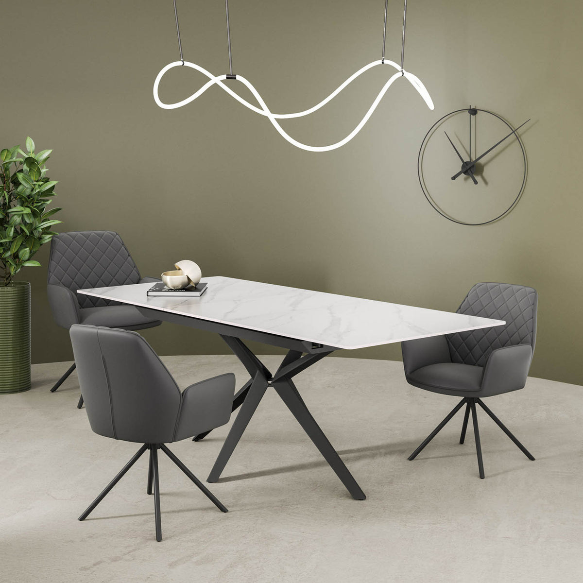 Lina 160-200cm White Gloss Ceramic Extending Dining Table with Grey Chairs - Lifestyle Image