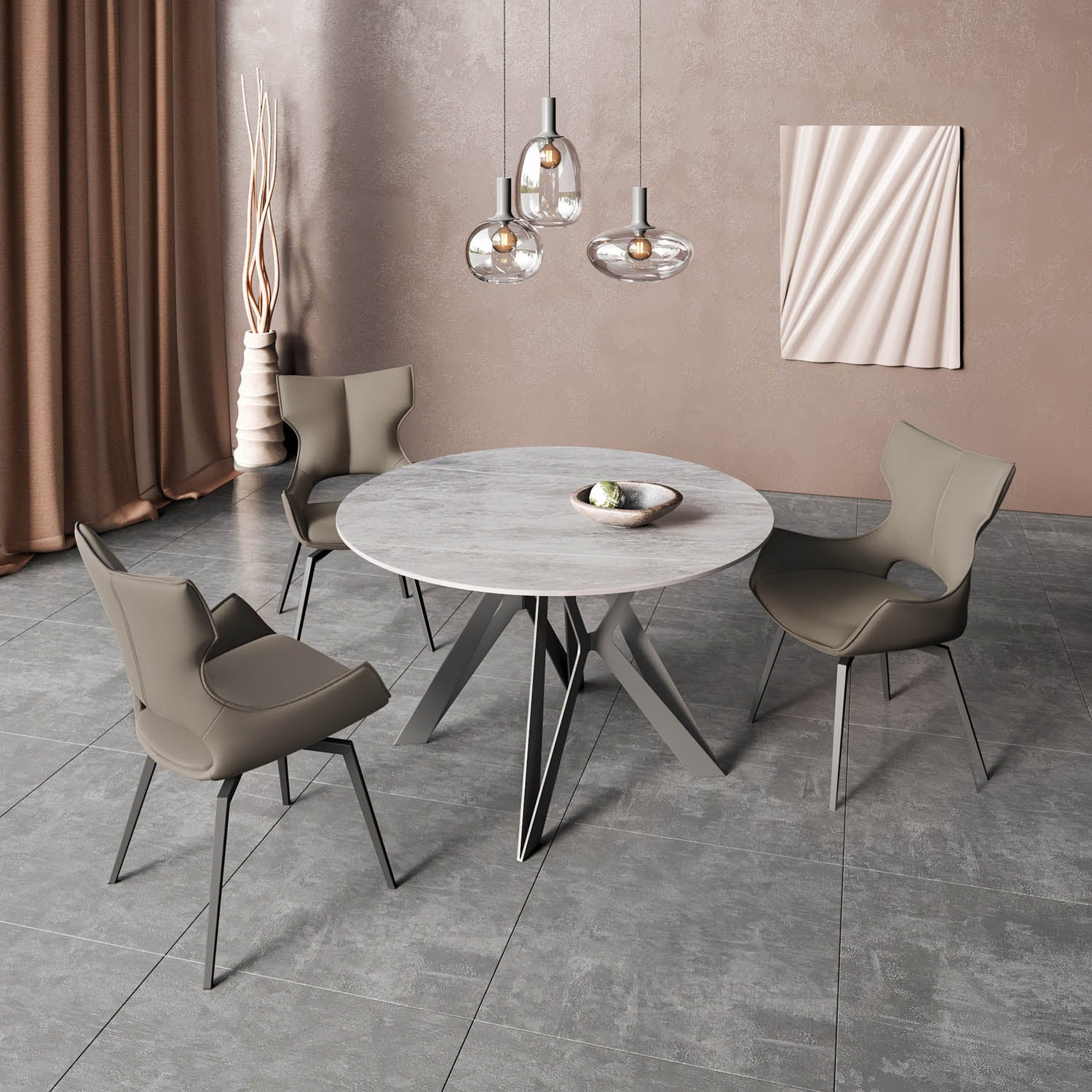 Murano Grey Round Ceramic Dining Table with 4 Chairs