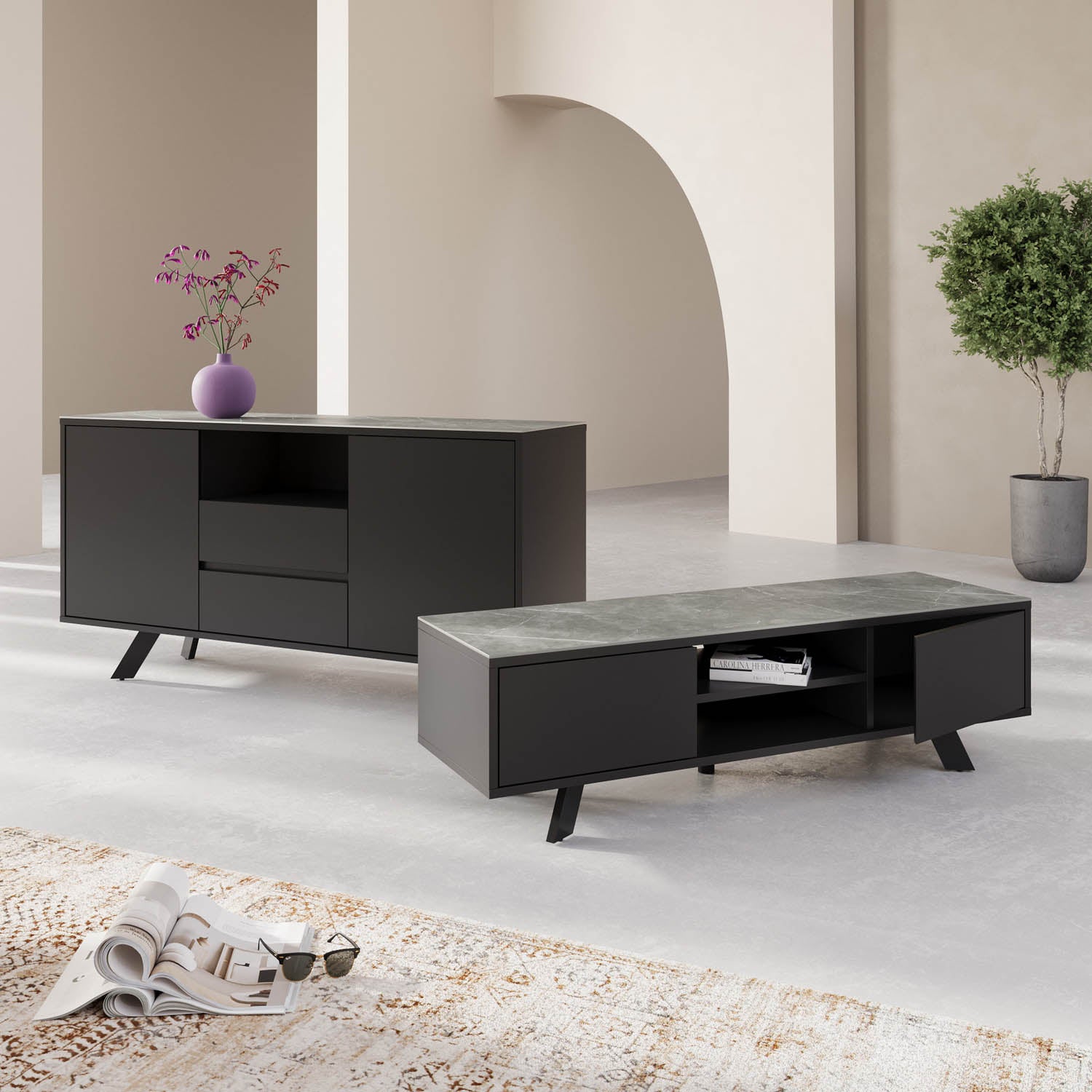 Athens 2 Door 2 Drawer Sideboard with Matte Grey Ceramic Top