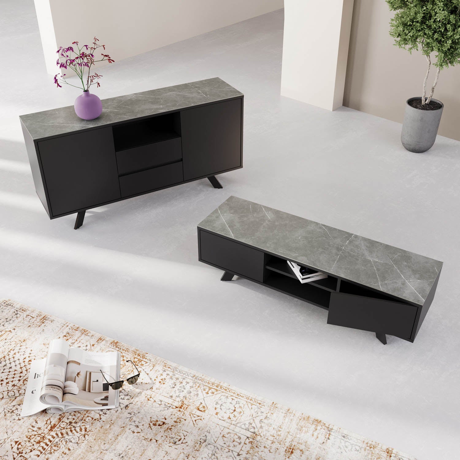 Athens 2 Door 2 Drawer Sideboard with Matte Grey Ceramic Top