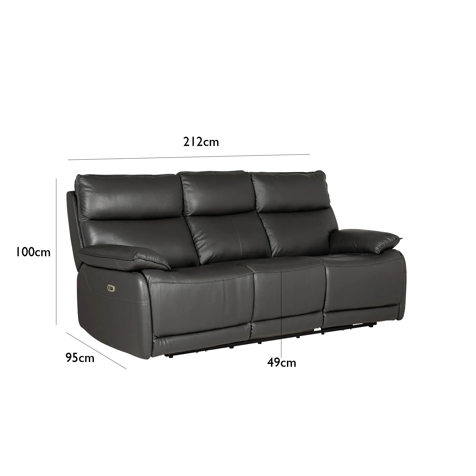 Dallas Dark Grey Leather 3 Seater Electric Recliner Sofa