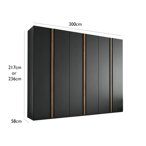 Laguna 3M Large 6 Door Wardrobe in Graphite Black Colour with Oak strips  - Dimensions