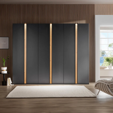 Wiemann 3M Large 6 Door Wardrobe in Graphite Black Colour with Oak strips 